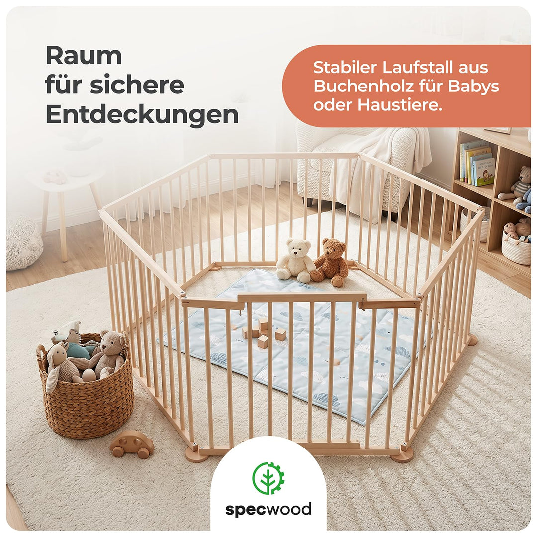 Spec-wood Baby Laufgitter klappbar ink. Tür XXL 92x74 cm aus Buchenholz - Laufstall Baby Holz mit Si