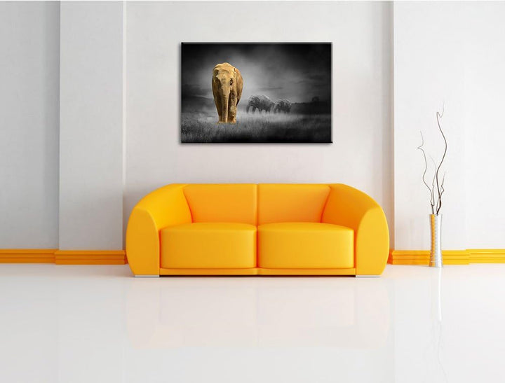 Elefanten in Steppe schwarz/weiss Format: 100x70 auf Leinwand, XXL riesige Bilder fertig gerahmt mit