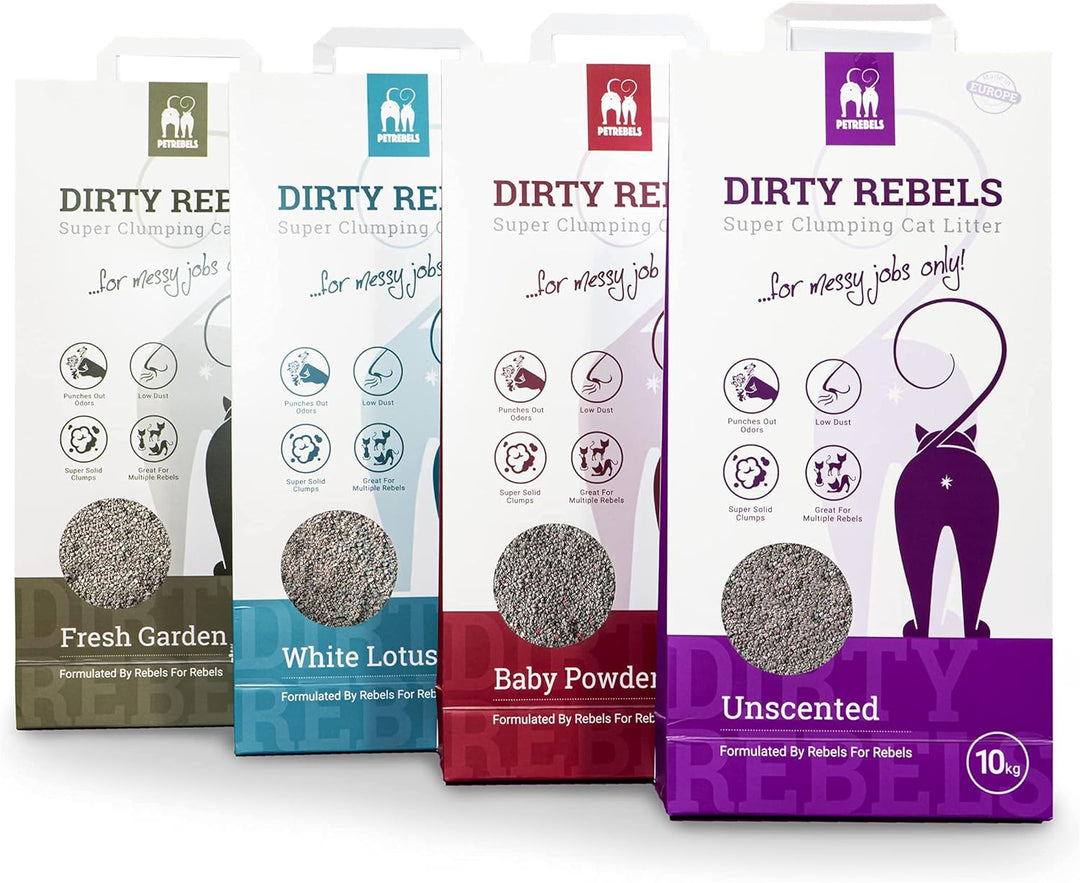 Petrebels Katzenstreu Dirty Rebels, 12x 10 Liter, Babypuderduft, 100% Natürlich, 12er-Pack, Babypude
