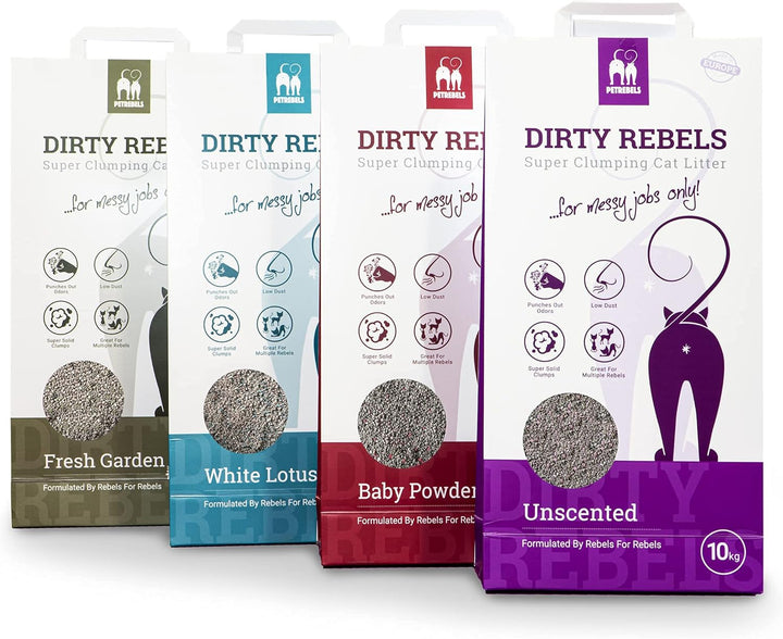 Petrebels Katzenstreu Dirty Rebels, 12x 10 Liter, Babypuderduft, 100% Natürlich, 12er-Pack, Babypude
