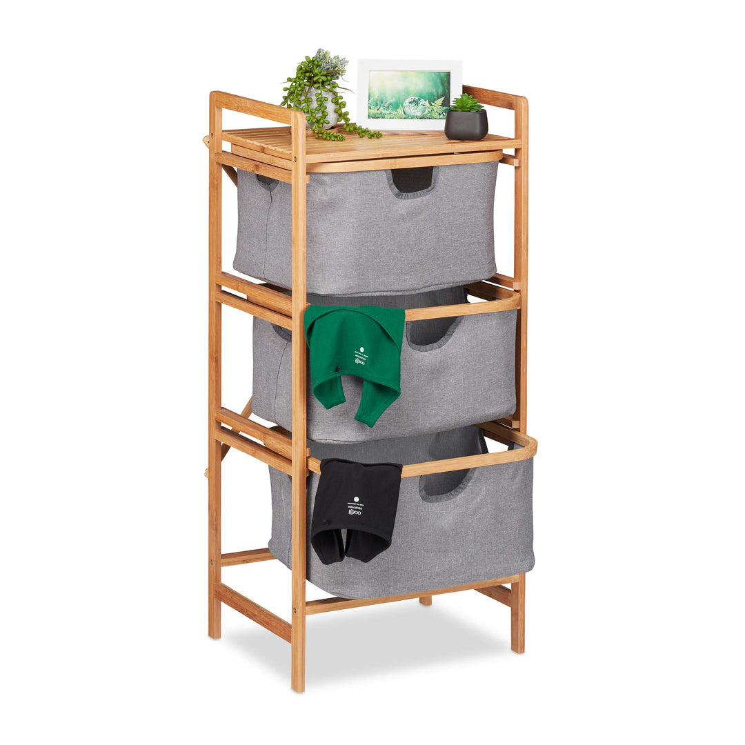 Relaxdays Wäschesortierer Bambus, 3 herausnehmbare Fächer, Bad &amp; Schlafzimmer, Regal, HBT: 96 x 44 x