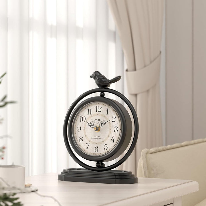 Schwarze Vintage-Tischuhr mit Vogel, europäischer Retro-Stil, Kaminuhr, Schreibtisch- und Regaldekor
