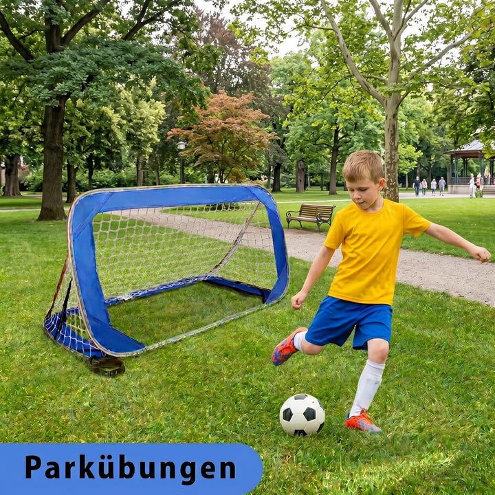 Fussballtore Kinder 2er Set: Pop-Up Fussballtor 120x70x70 cm, Blau, für Garten, mit Polyester-Netz,