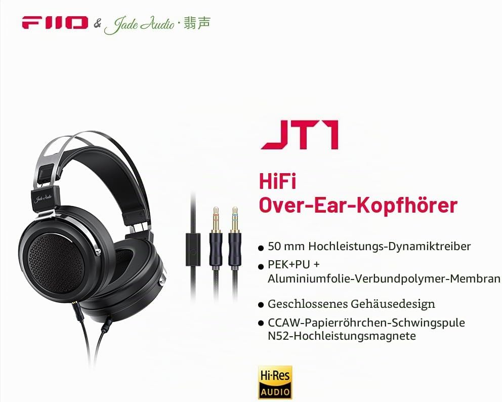 FiiO JadeAudio JT1 Professionelle Studio-Kopfhörer für Aufnahmen, Gaming-Headset mit Mikrofon, 50 mm
