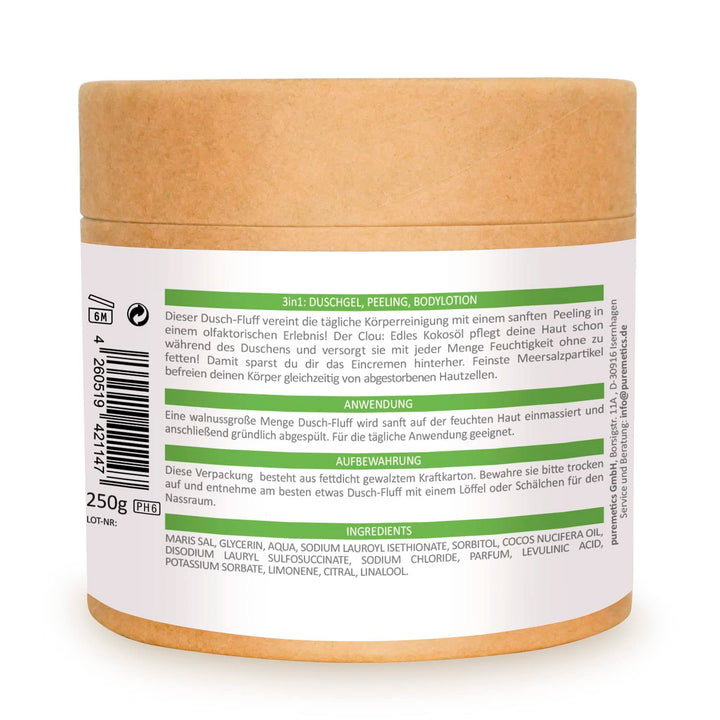 puremetics 3in1 Dusch-Fluff Limette mit Salzpeeling, 250g Duschgel, Peeling und Lotion in Einem, veg