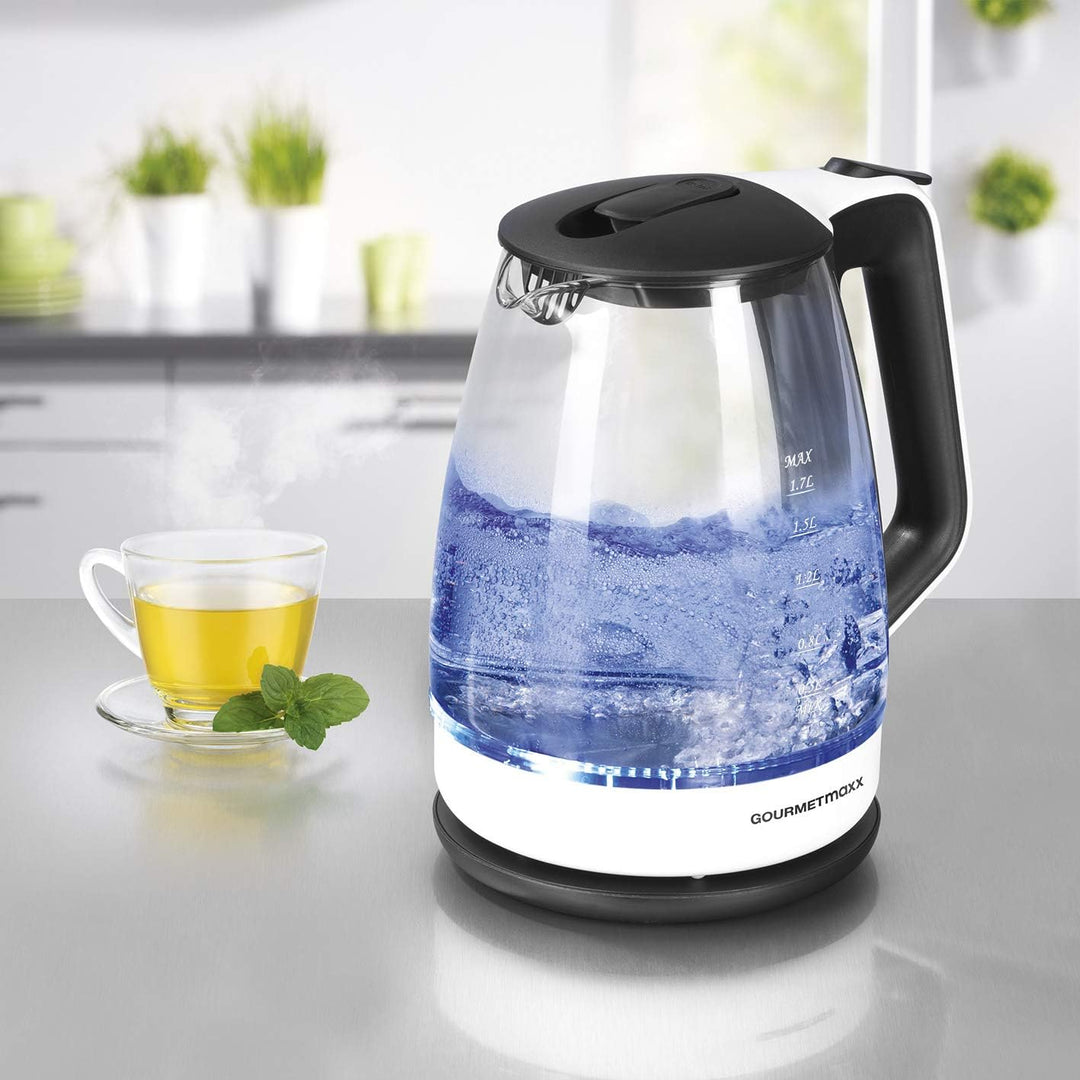 GOURMETmaxx Wasserkocher Glas 1,7 l Füllmenge | LED Beleuchtung | Edelstahl-Chrom-Optik | Elektrisch