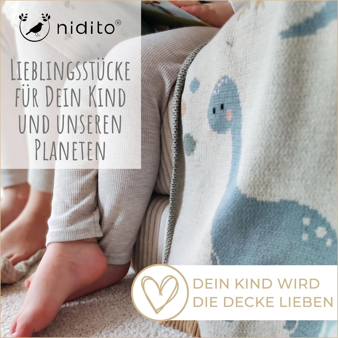 nidito Hochwertige Bio Babydecke Baumwolle Beige Dino - 100% GOTS Bio-Baumwolle - 80x100 cm - herrli
