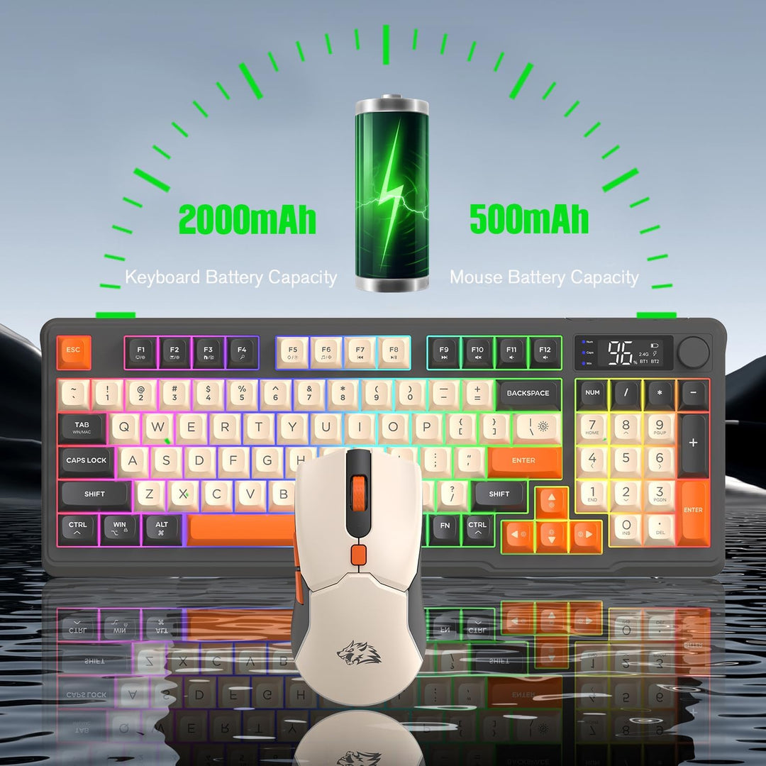 ZIYOU LANG×FREEWOLF T96 Kabelloses Gaming-Tastatur- und Maus-Set, BT/2,4 GHz, Smart Display und Knop