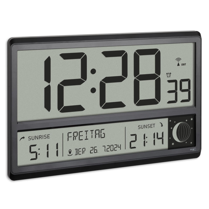 TFA Dostmann Digitale XL Funk Wanduhr, 60.4524.01, mit Sonnenauf- und -untergang, Weckalarm, grosse