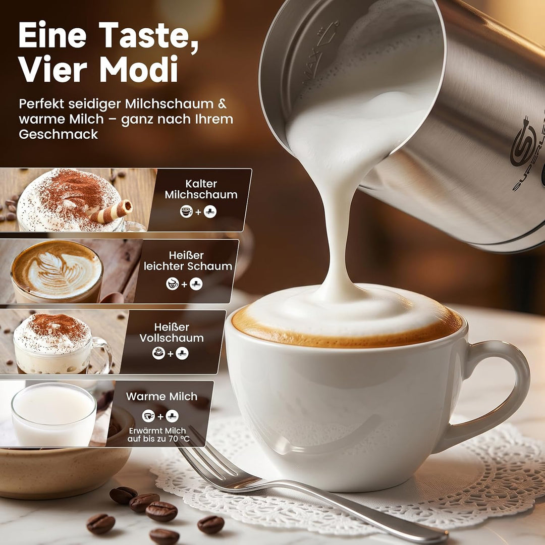 Milchaufschäumer Elektrisch 4-in-1 Edelstahl Milchwärmer 300ml | Doppelwand-Design, Heisser und kalt