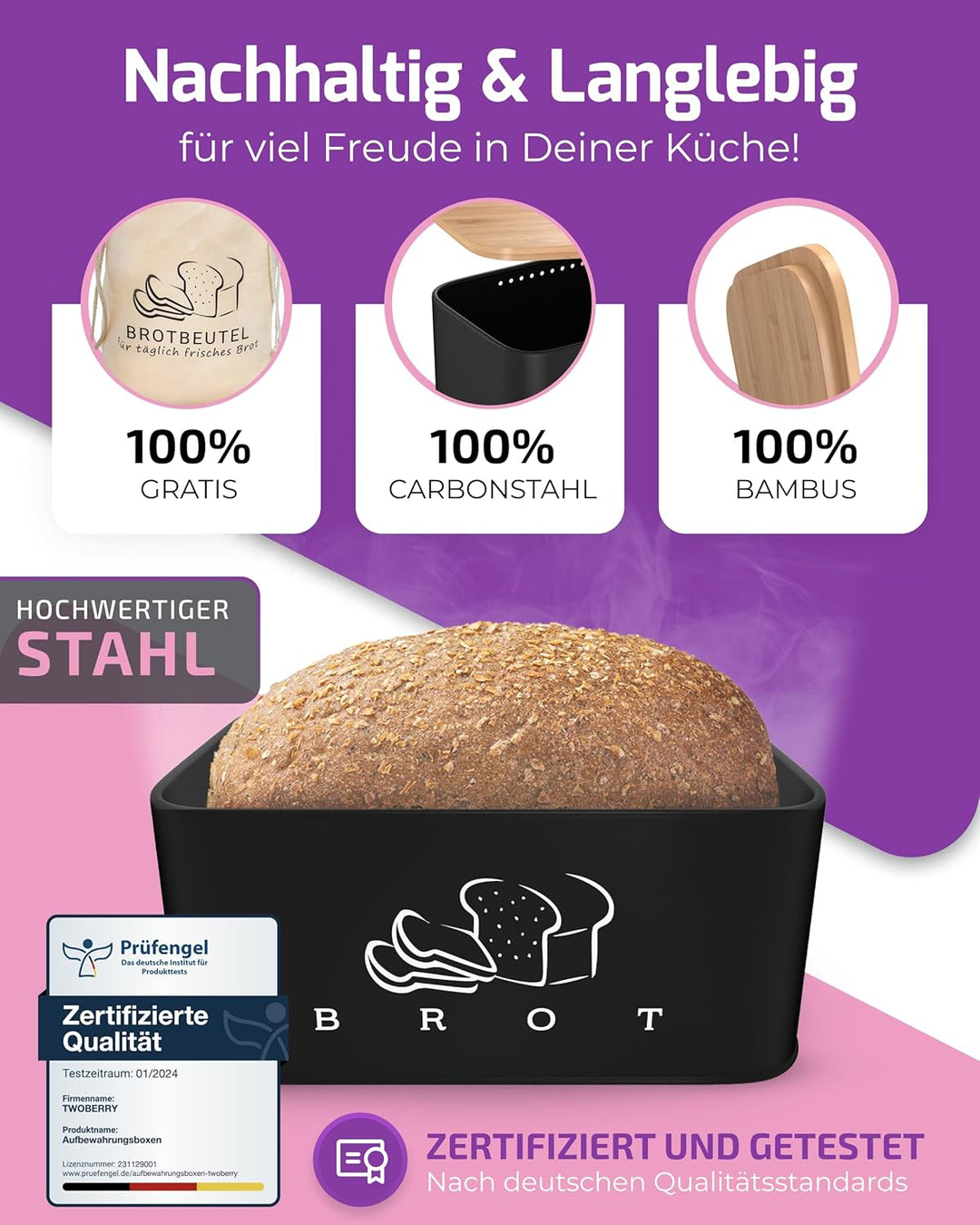 Brotkasten Schwarz – Brotbox mit Bambusdeckel als Schneidebrett [2in1 Brotbehälter]- inklusive grati