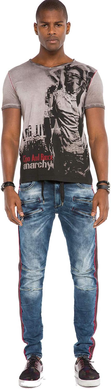 Cipo & Baxx Herren Ausgefallene Jeans Hose Fashion Used Design Pants gestreift mit Gummibund Blau W3