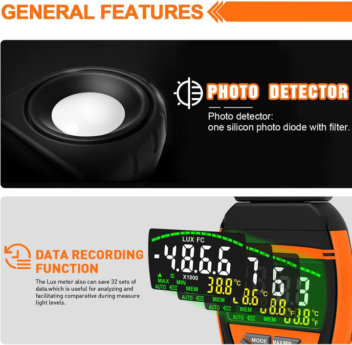 Digitales Luxmeter 0,1–400.000 Lux mit Farbdisplay & 270° drehbarem Sensor Photometer mit Temp, Date