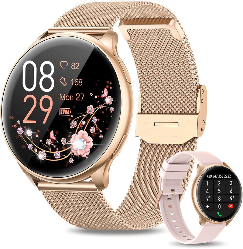 RUXINGX Smartwatch Damen mit Telefonfunktion 1.32" HD Voll Touch Screen, Armbanduhr mit SpO2 Pulsuhr