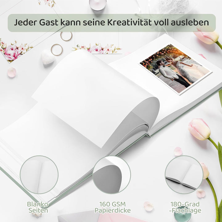 Hyggartn Grünes Hochzeitsgästebuch mit Stickern – Edles Hardcover Gästebuch mit Goldprägung, 100 Sei