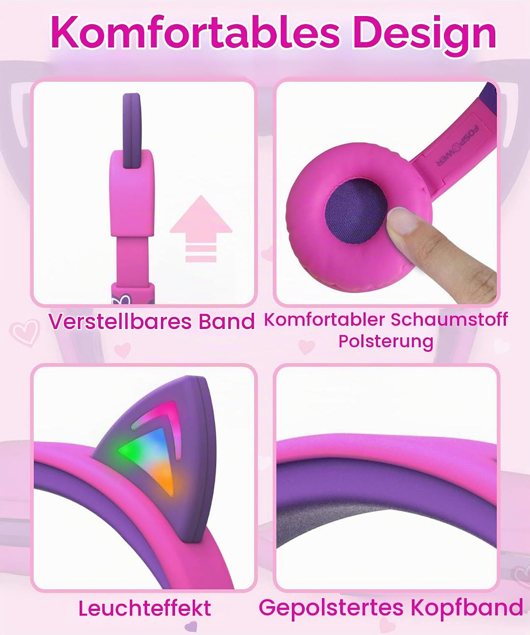 FosPower - Kopfhörer Kinder mit LED leuchten Katzenohren, 3,5mm On Ear Audio Kopfhörer für Kinder mi