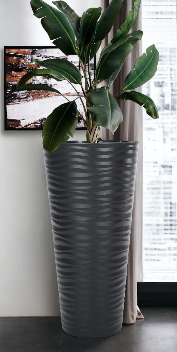 MELTOM Blumenkübel 3D Effekt Welle Slim Rund Einsatz Pflanzgefäss Set 3: XL XXL 3XL Anthrazit