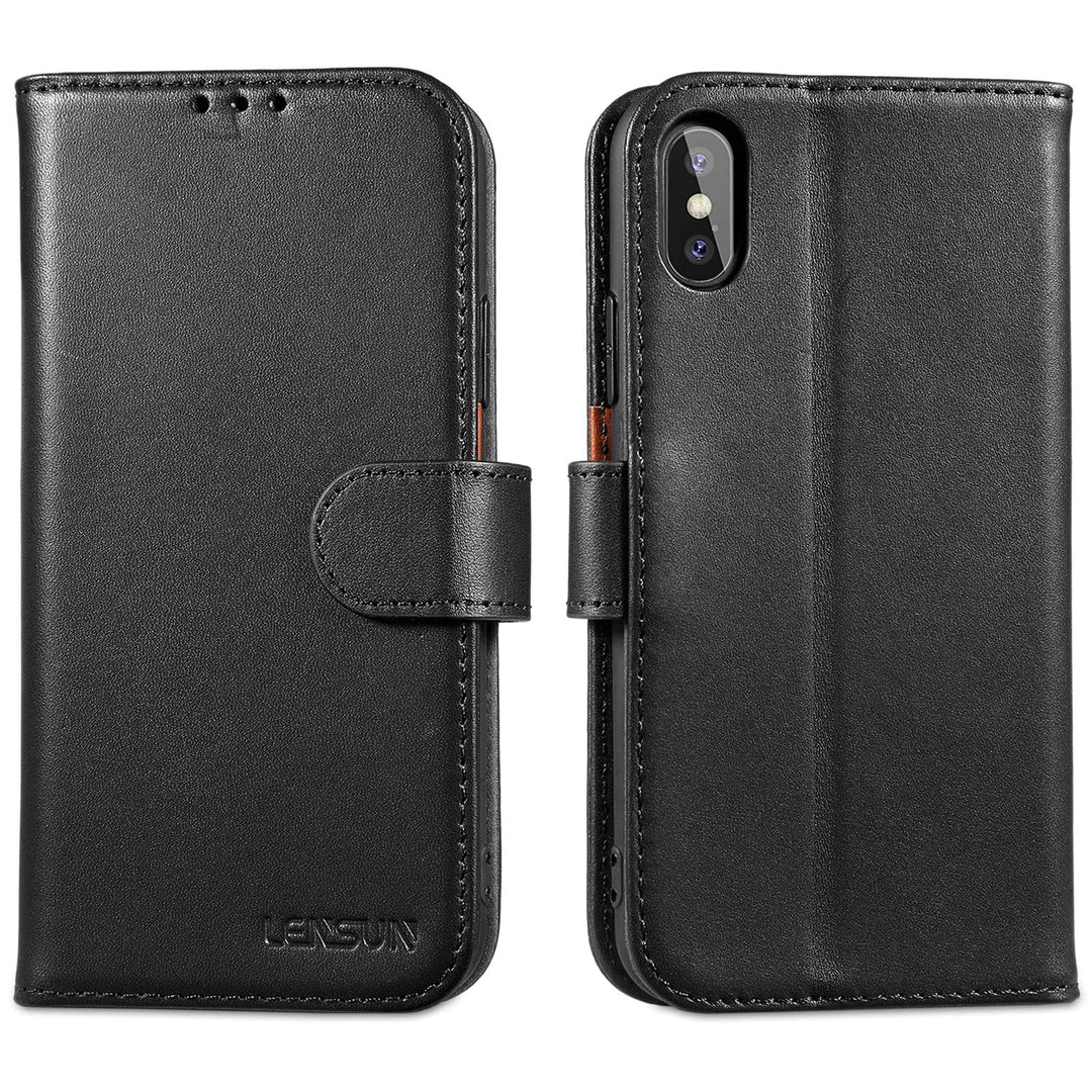LENSUN Echtleder Hülle für iPhone XS, iPhone X Handyhülle [Echtes Leder][Magnetverschluss][RFID Schu