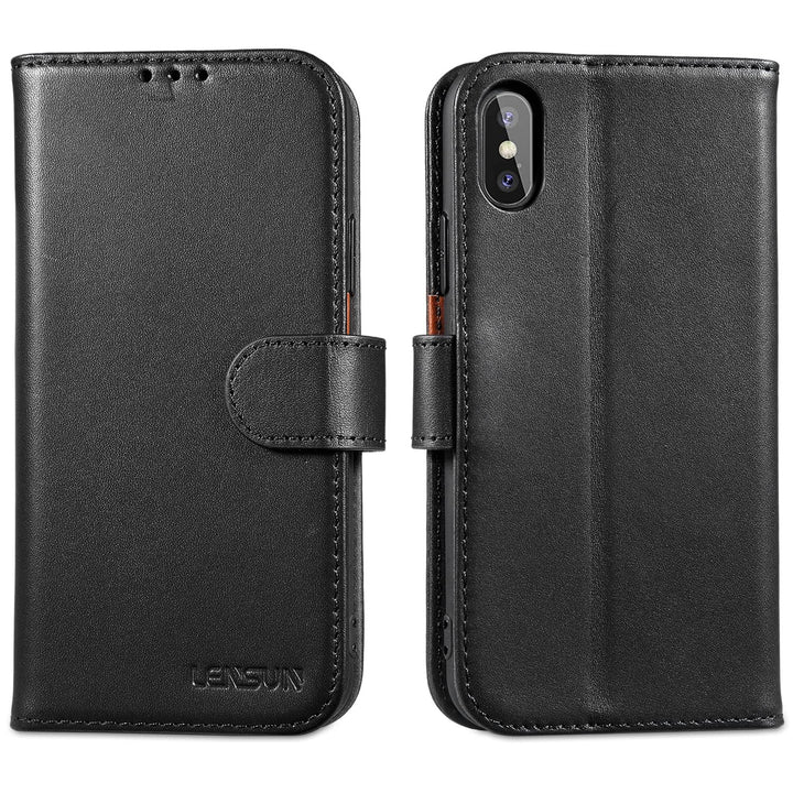 LENSUN Echtleder Hülle für iPhone XS, iPhone X Handyhülle [Echtes Leder][Magnetverschluss][RFID Schu