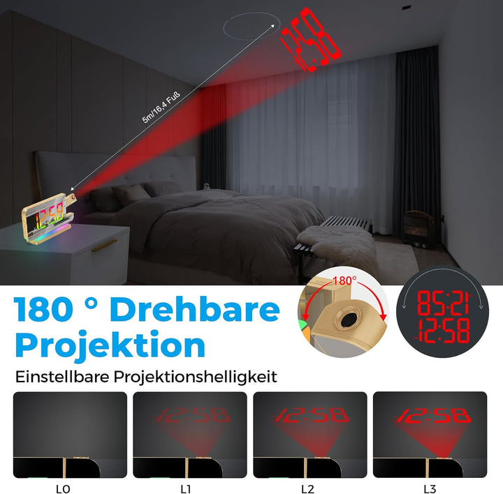 U-picks Projektionswecker,Wecker Digital,7.4" LED-Spiegeluhr mit um 180°Drehbarem Projektor,11 RGB-F