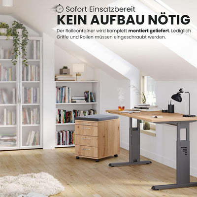 bümö Basic Rollcontainer mit Schubladen, Container aus Holz in Asteiche - Rollwagen für's Büro als S