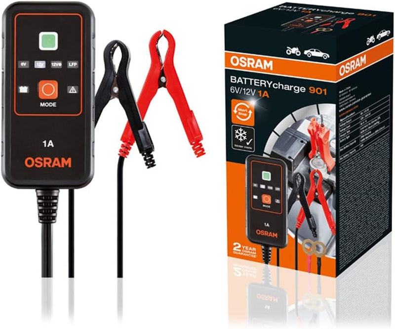 OSRAM BATTERYcharge 901, KFZ-Batteriewartungsgerät 6V & 12V, mobiles Batterieladegerät für Motorräde