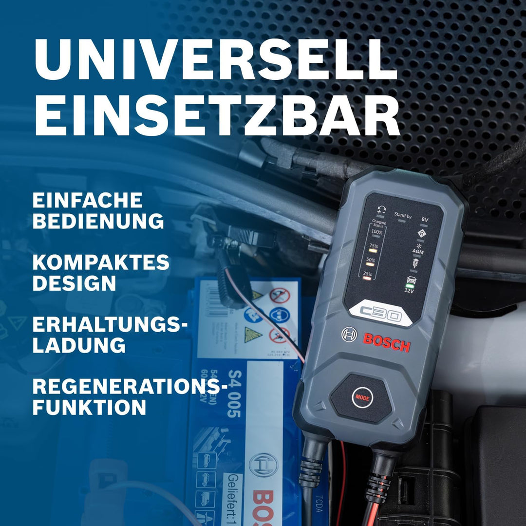 Bosch C30 Kfz-Batterieladegerät, 3,8 Ampere, mit Erhaltungsfunktion - für 6 V / 12 V Blei-Säure, Wet
