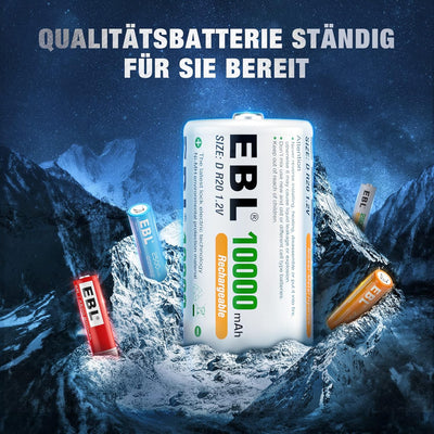 EBL D Akku 10000mAh, Wiederaufladbare D Zelle NI-MH Batterie 4 Stück mit Aufbewahrungsbox, Mono D Ak