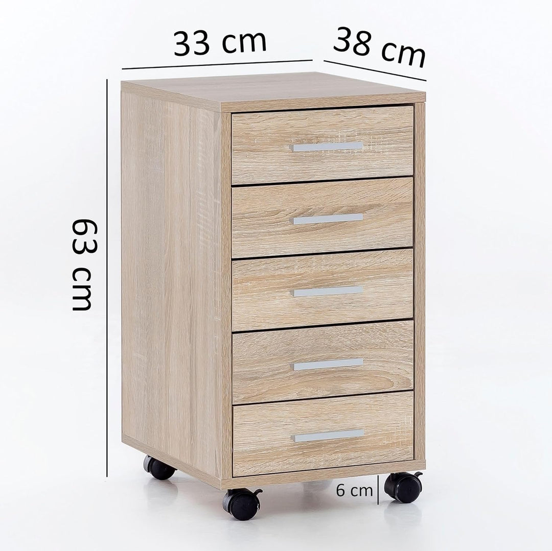Finebuy Rollcontainer 33 x 63 x 38 cm Holz Schubladenschrank Schreibtisch, Büro Schrank mit 5 Schubl