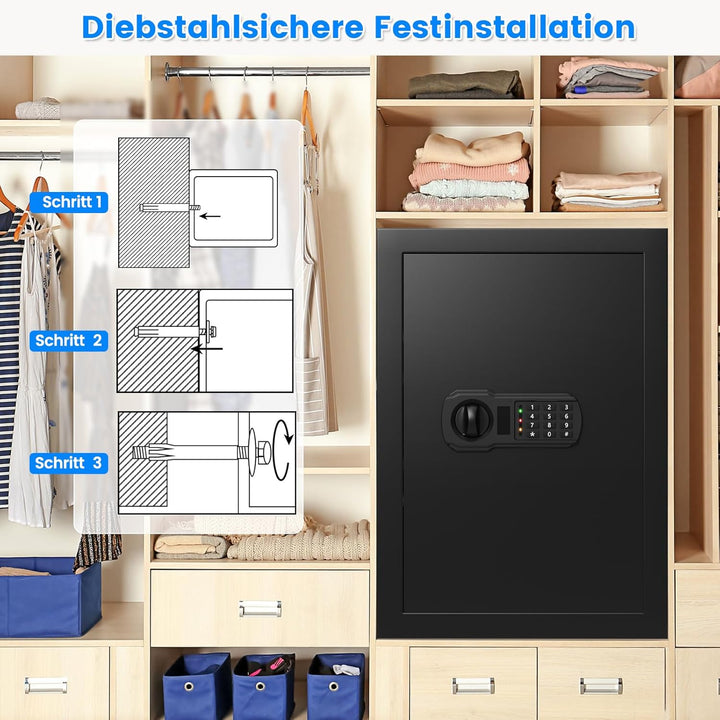 65L Grosser Feuerfester Tresor Safe mit Feuersichere Dokumententasche, Digitaler Möbeltresore mit 2