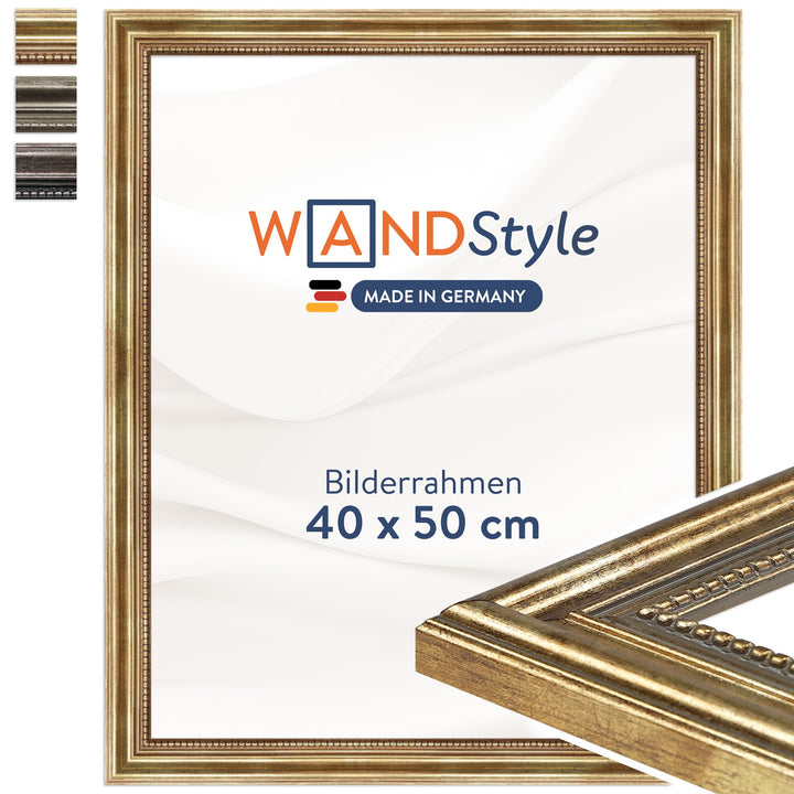 WANDStyle Bilderrahmen Antik 40x50cm I Farbe: Gold I Holzbilderrahmen I Fotorahmen I Goldener Barock