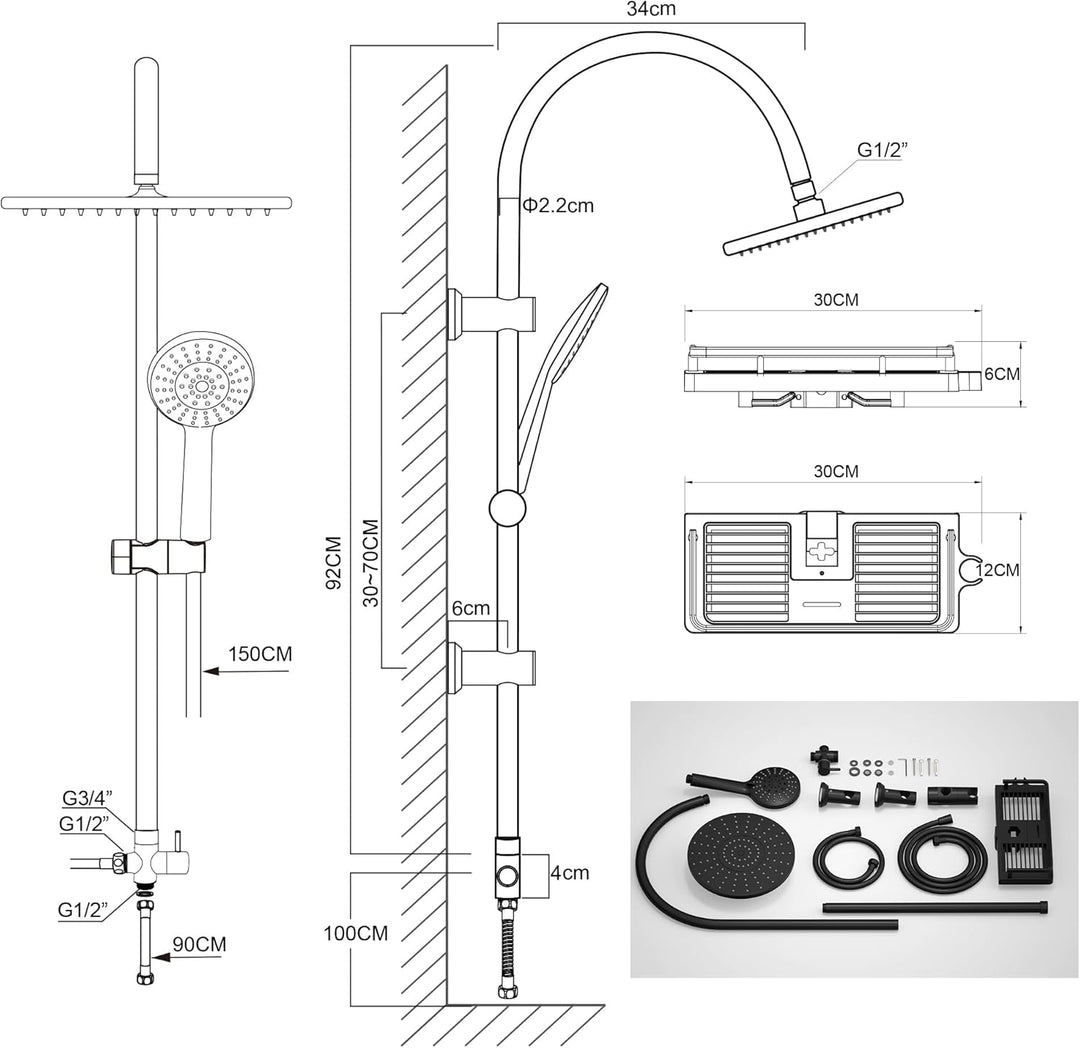Regendusche Duschsystem ohne Armatur, Duschset mit Edelstahl Duschstange, Duschsäule mit ABS Kopfbra