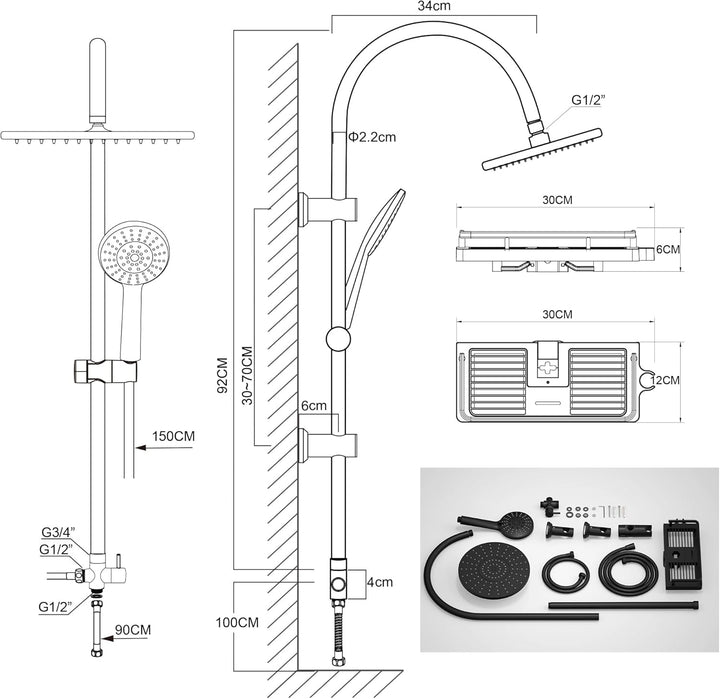 Regendusche Duschsystem ohne Armatur, Duschset mit Edelstahl Duschstange, Duschsäule mit ABS Kopfbra