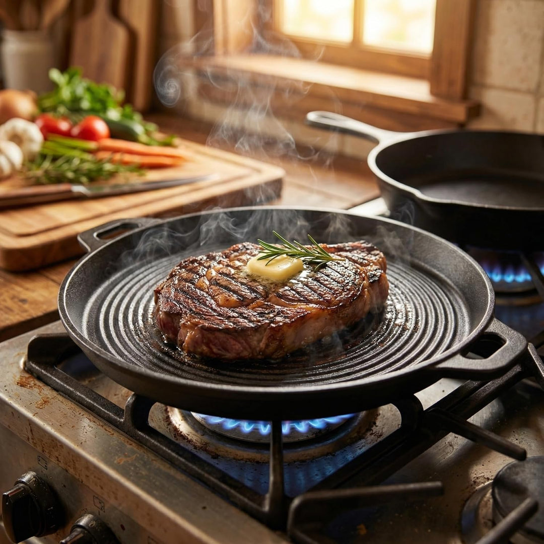 MIJOMA Grillpfanne 40,5 cm – für Fleisch Gemüse und Grillgerichte – Gusseisen mit Rillenstruktur – r
