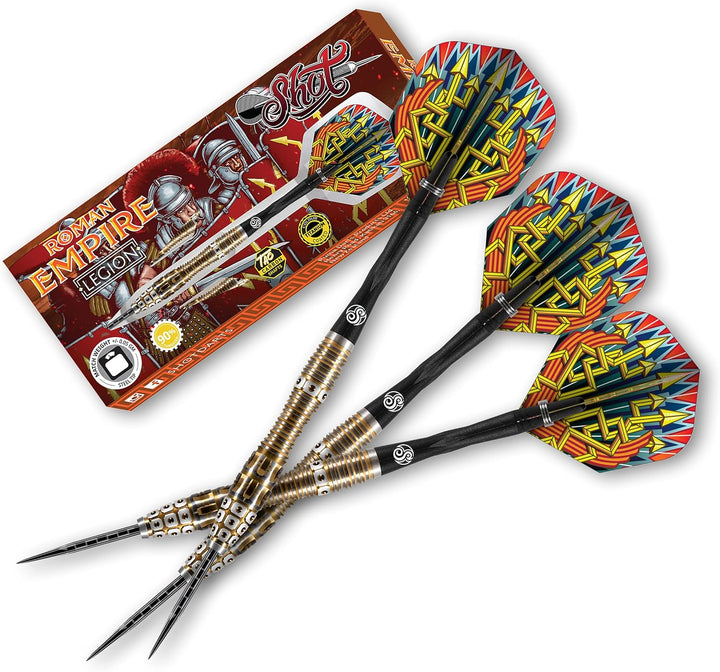 Shot! Darts Roman Empire Legion Steel Tip Dart Set Front Weighted 90% Tungsten Barrels 24.0 Gramm, 2