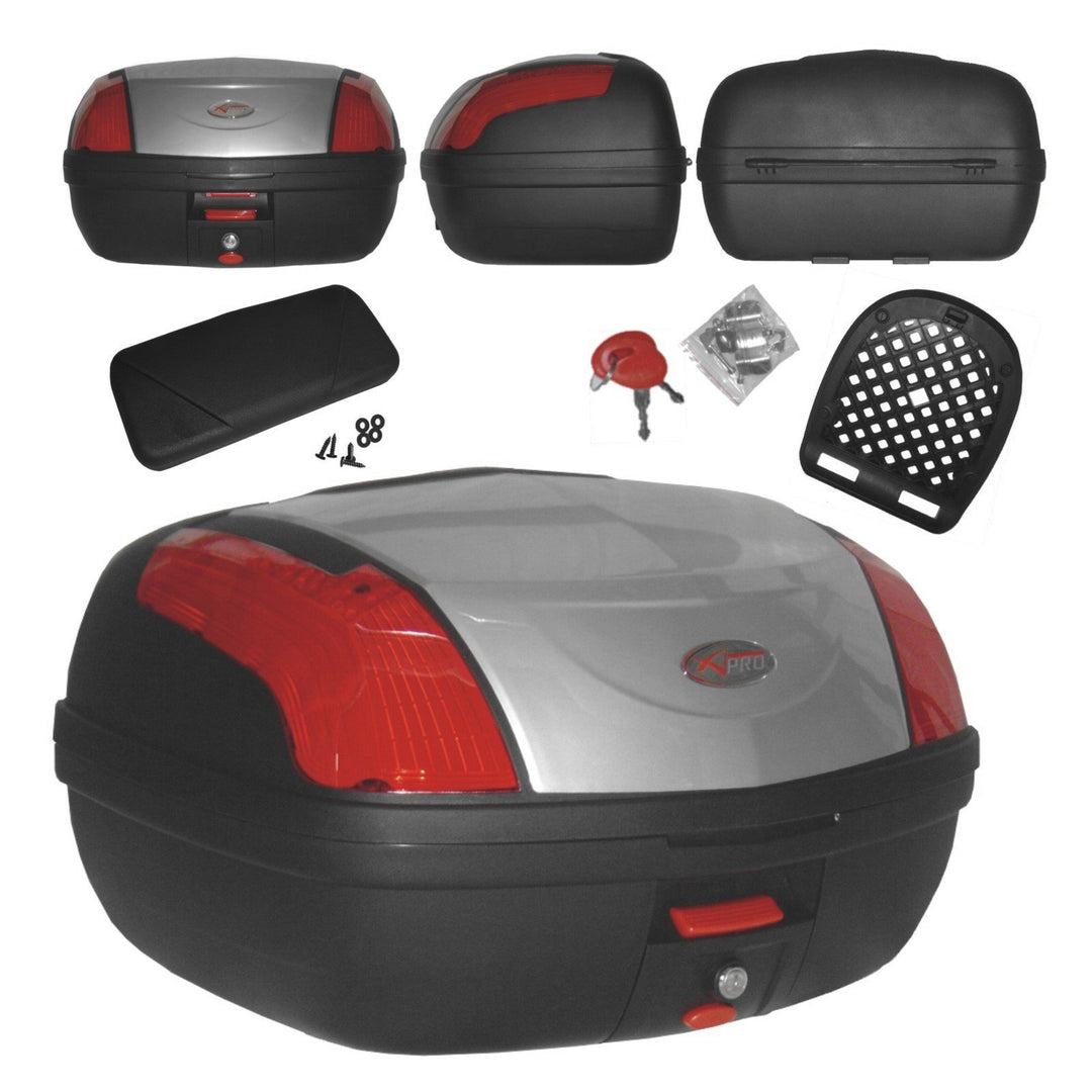 A-Pro Top Case Motorrad mit Rückenlehne Top Box Koffer Motorrad Scooter Quad Silber, Silber