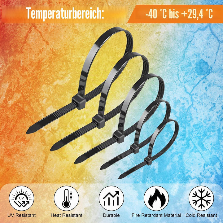 2000 Stück Kabelbinder Schwarz Set,100/150/200/300 mm(500 Stück) Kabelbinder UV Beständig,Cable Ties