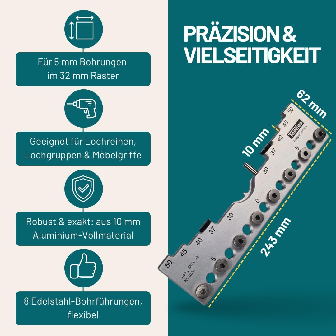 Bohrlehre für Lochreihen, Bohrgruppen und Griffbohrungen im 32mm Abstandsmass Bohrdurchmesser 5mm (0