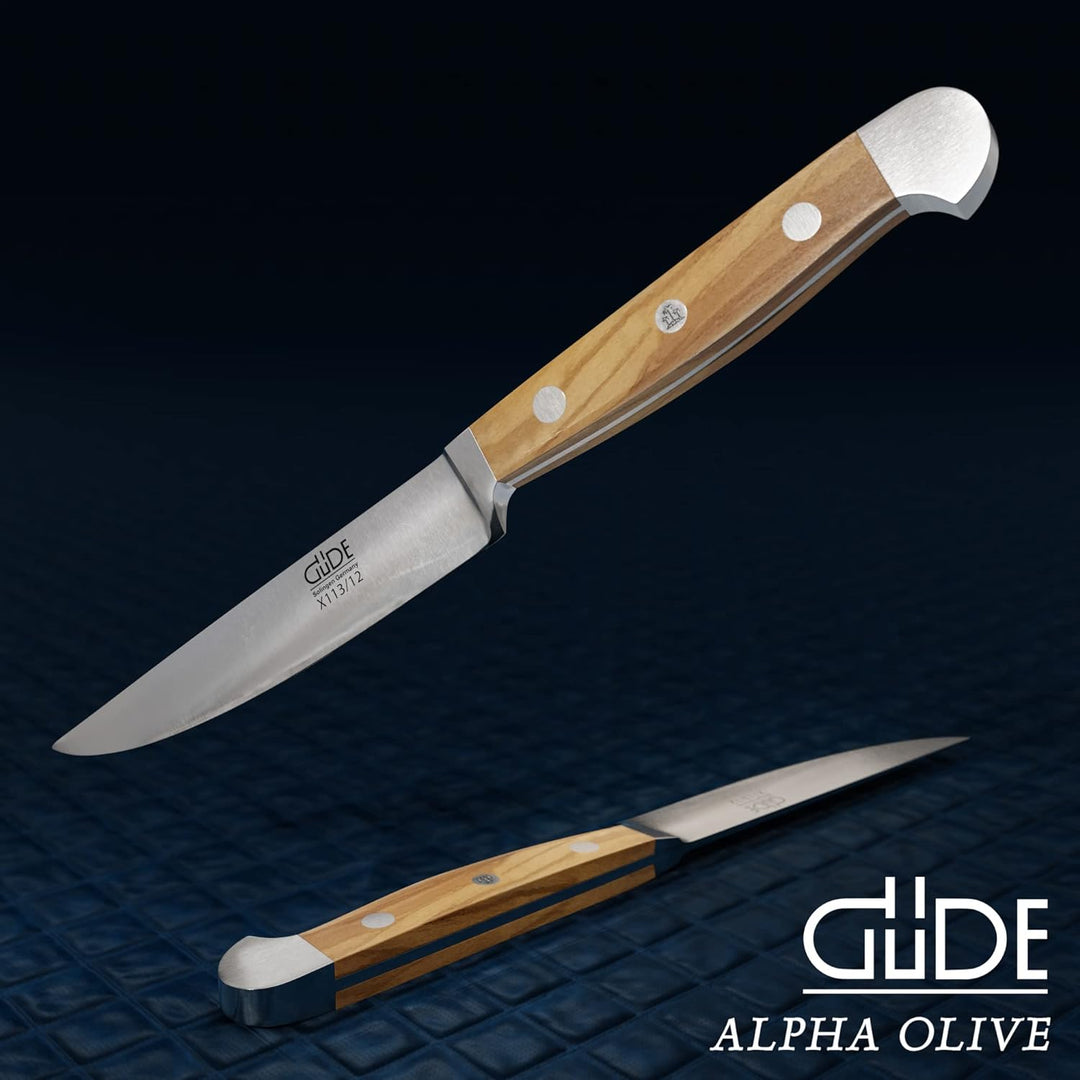 GÜDE Solingen - Steakmesser Glatt geschmiedet, 12 cm, Olivenholz, ALPHA OLIVE, Doppelkropf, Handmade