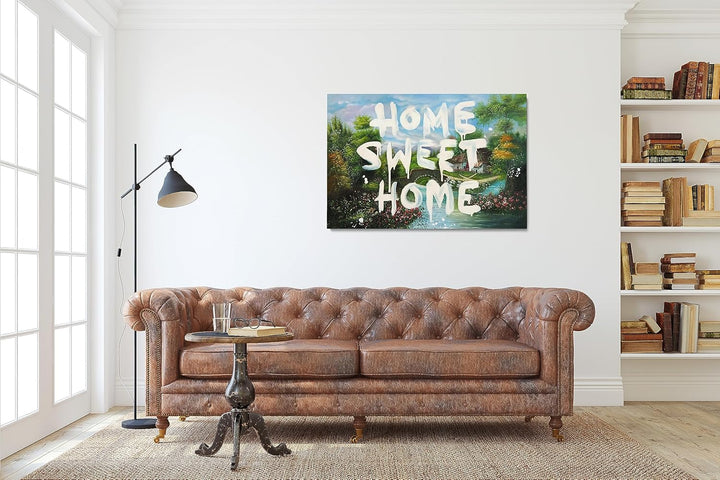 Kunstmoneten Street Art | 100% HANDGEMALT | Banksy Bilder Leinwand | Gemälde 'Home Sweet Home 90x60c