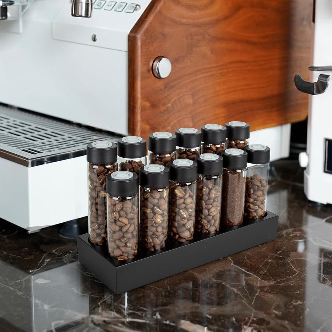 Buche Massivholzsockel Kaffeedosen 12 Röhren Kaffeebohnen-Aufbewahrung aus Holz für einzelne Portion