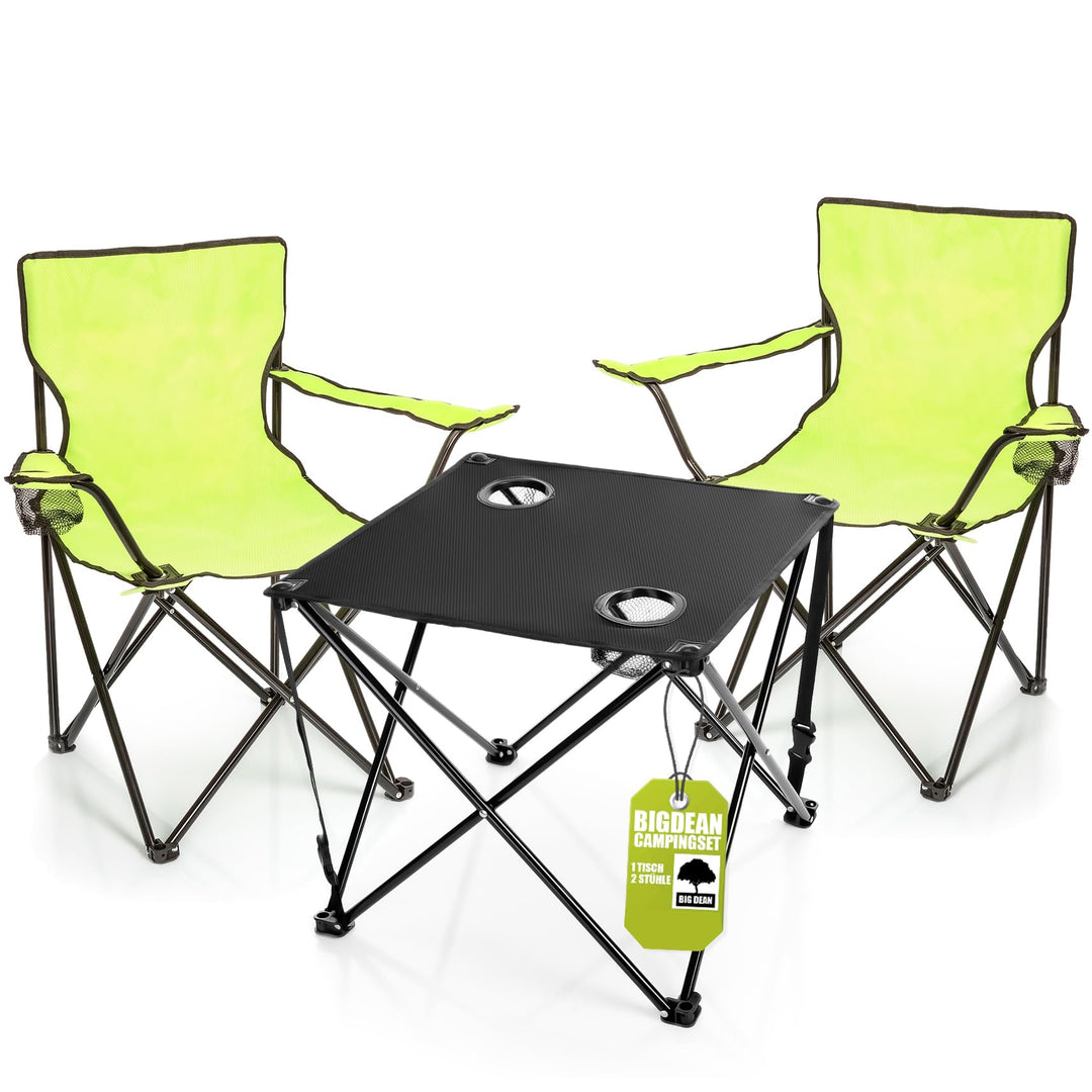 BigDean 2 Stück Campingstuhl mit Campingtisch faltbar – Faltstuhl in Neon Grün mit Getränkehalter &