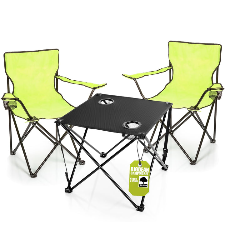 BigDean 2 Stück Campingstuhl mit Campingtisch faltbar – Faltstuhl in Neon Grün mit Getränkehalter &