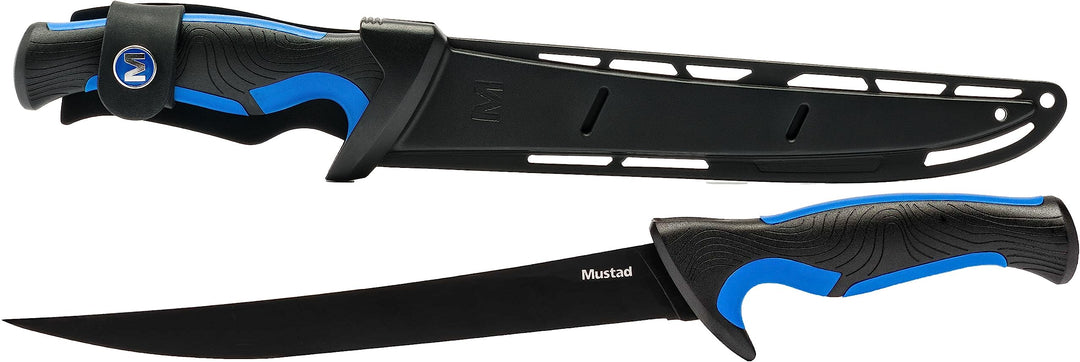 Mustad Filetiermesser, ergonomischer Griff, strukturierter Griff, mit Scheide, Blau 7", 7"
