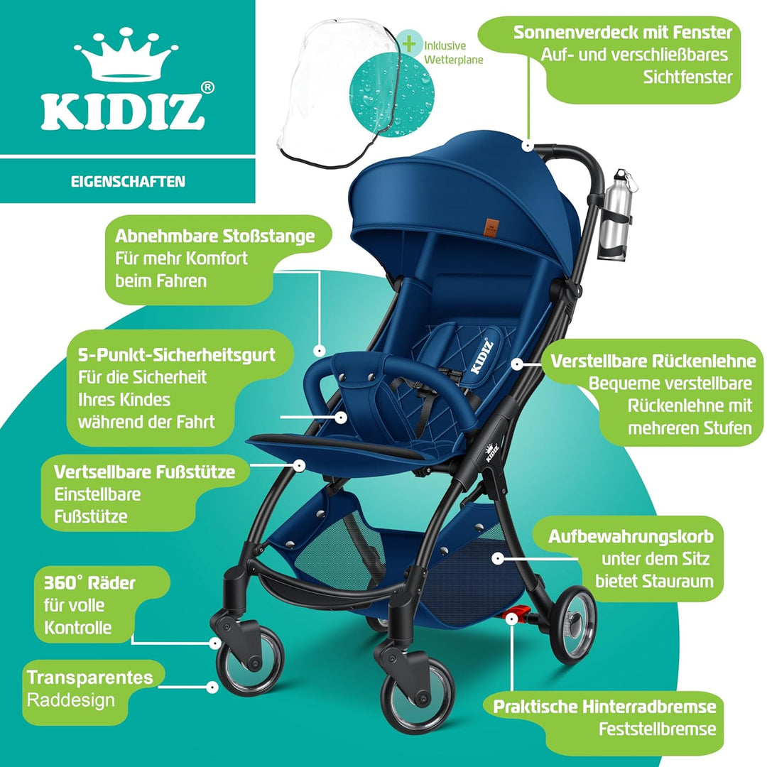 KIDIZ® Kinderwagen Premium Kinderbuggy klappbar Liegebuggy Sportwagen Faltbar 360°Räder 5-Punkt Gurt