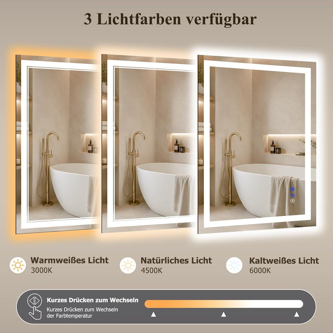 XRAMFY Badspiegel mit Beleuchtung LED 80×50CM, 3 Farbtemperaturen &amp; stufenloses Dimmen, Anti-Beschla