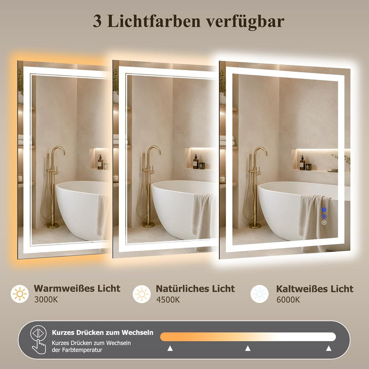 XRAMFY Badspiegel mit Beleuchtung LED 80×50CM, 3 Farbtemperaturen &amp; stufenloses Dimmen, Anti-Beschla