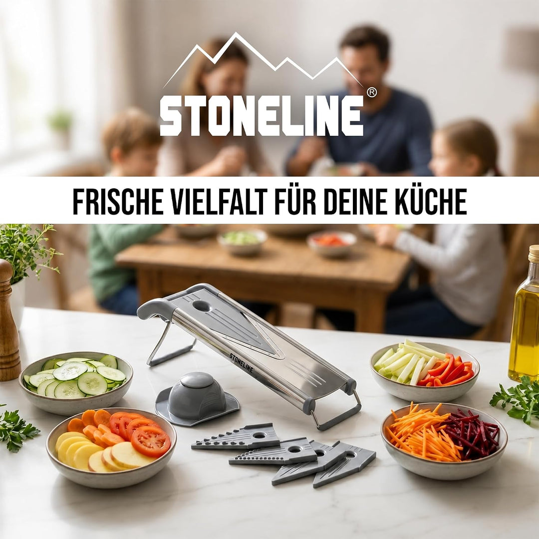 STONELINE V Hobel Gemüseschneider Set 9 teilig für Scheiben Stifte Streifen Würfel, mit 5 Schneid-Ei