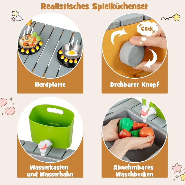 COSTWAY Matschküche Kinder Outdoor, Kinderküche Holz mit Wasserfunktion, Spielküche mit Haken & abne