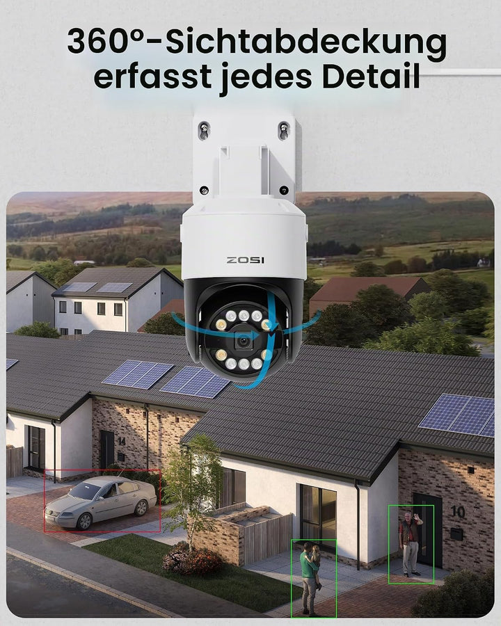 ZOSI 5MP PoE Überwachungskamera Aussen, 360° Outdoor Kamera mit 2-Wege-Audio, Personenverfolgung, Fa